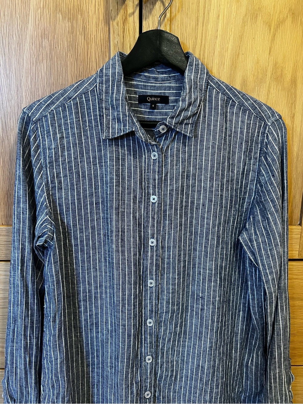 Quince Women’s Linen Long Sleeve Shirt Chambray Blue Stripe Size Small Coastal - Picture 2 of 6